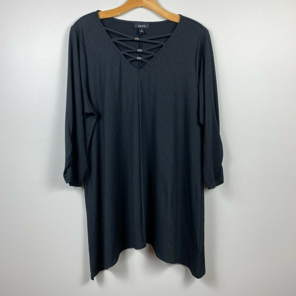 Alyx Tunic Top 2X Black Lace Up V-Neck 3/4 Ruched Sleeve Uneven Hem